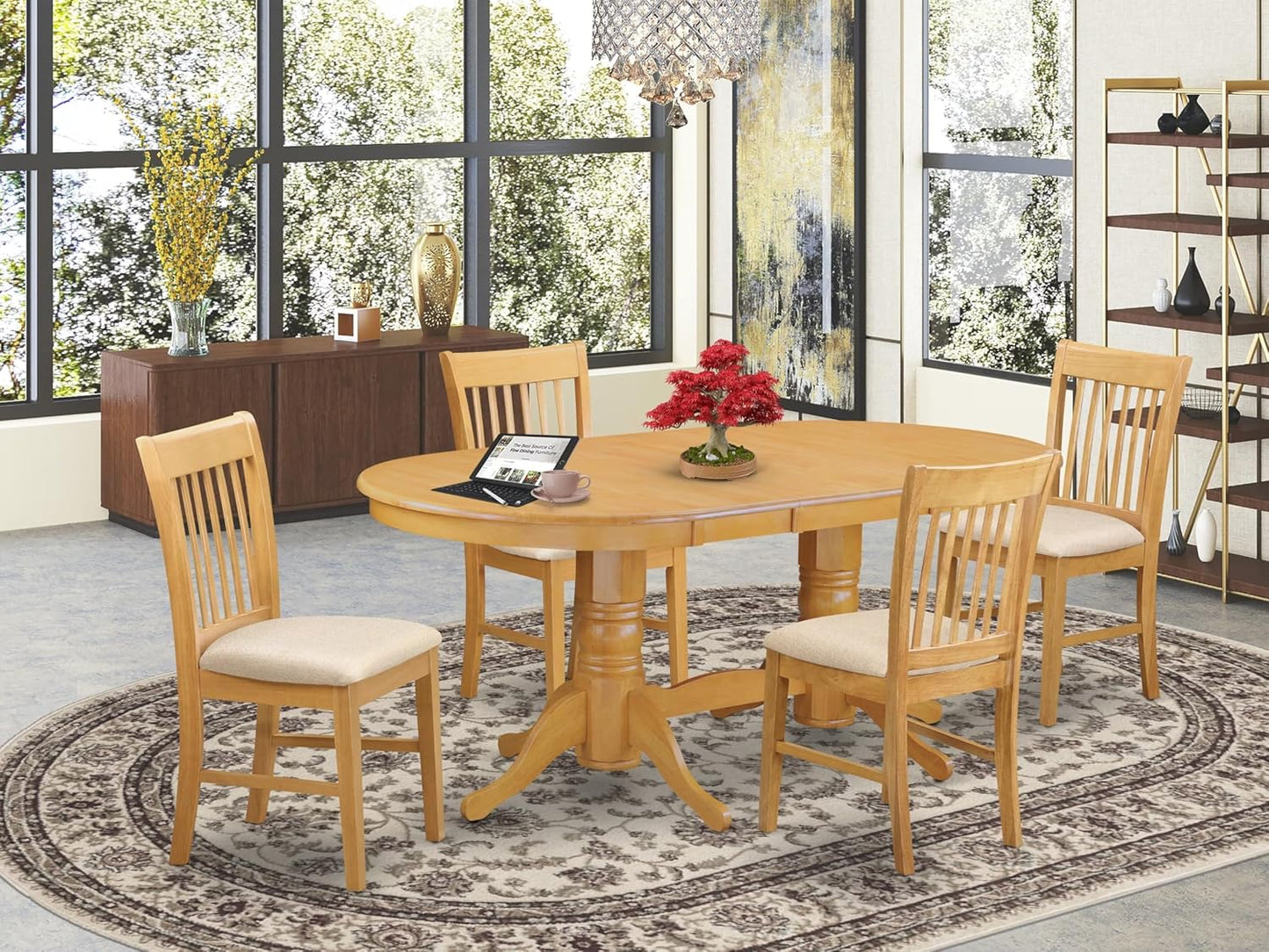 East West Furniture VANO5-OAK-C 5 Piece Dining Set Includes an Oval Dining Room Table with Butterfly Leaf and 4 Linen Fabric Upholstered Kitchen Chairs, 40x76 Inch, Oak