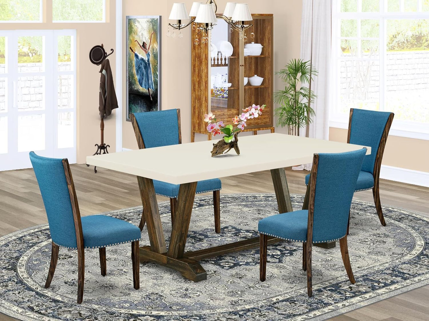 East West Furniture V727VE721-5 5 Piece Modern Dining Table Set Includes a Rectangle Wooden Table with V-Legs and 4 Blue Color Linen Fabric Upholstered Chairs, 40x72 Inch, Multi-Color