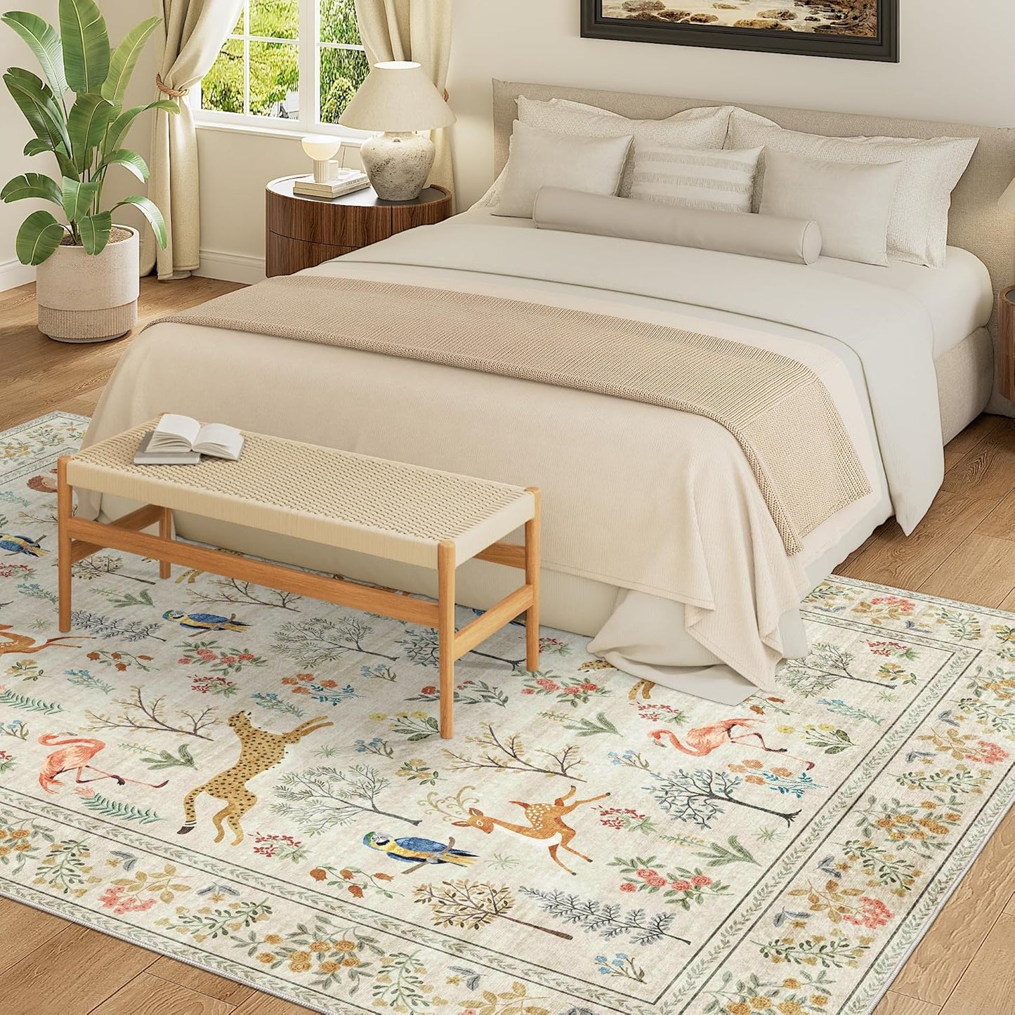DUKINO 8x10 Rug, Washable Animal Living Room Rug with Non Slip Vintage Design, Soft Low Pile Large Carpet for Bedroom, Nursery, Dining Room, Farmhouse, Playroom, White