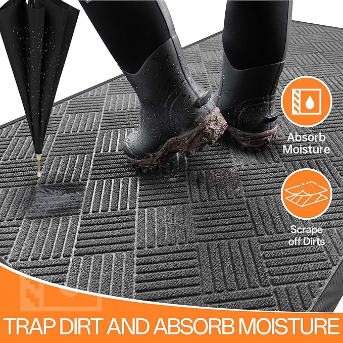 Indoor Outdoor Door Mat, 5’x 4' Doormat for Entryway, Rubber Backing Non Slip Front Door Mat Outside Entrance, Super Absorbent Commercial Floor Mat for Home Office, Gray