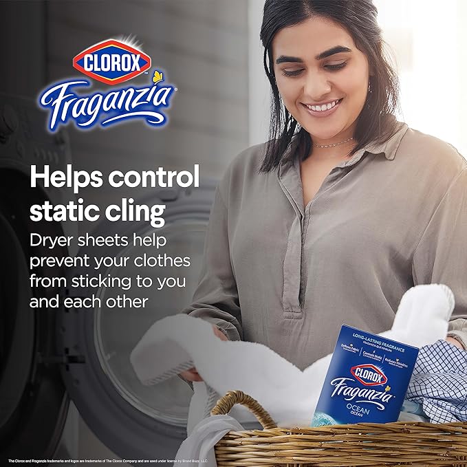 Clorox Fraganzia Fabric Softener Dryer Sheets, Ocean Scent - Wrinkle Reducing Scented Softening Laundry Dryer Sheets for Great Smelling Clothes, 105 Count