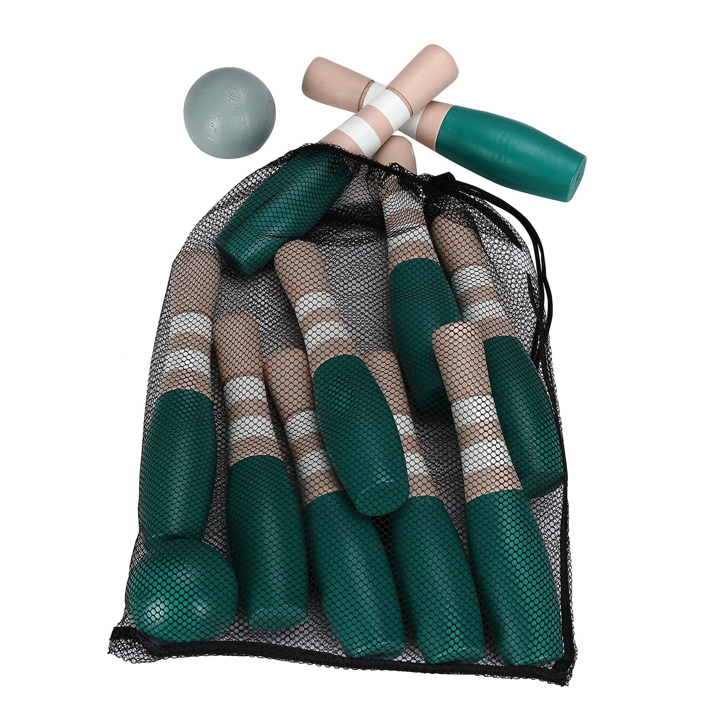 Sterling Sports Wooden Lawn Bowling 9" Skittles Set with Carrying Mesh Bag for Indoors and Outdoors - 10 Wooden Pins and 2 Balls, Green/Turquoise and Gray