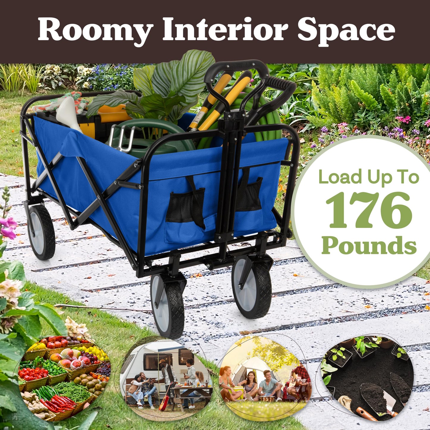 Collapsible Wagon - Grocery Cart on Wheels - Portable Beach Wagon, Folding Garden Trolley or Shopping Cart - Wagons Carts Foldable by Pure Garden (Blue)