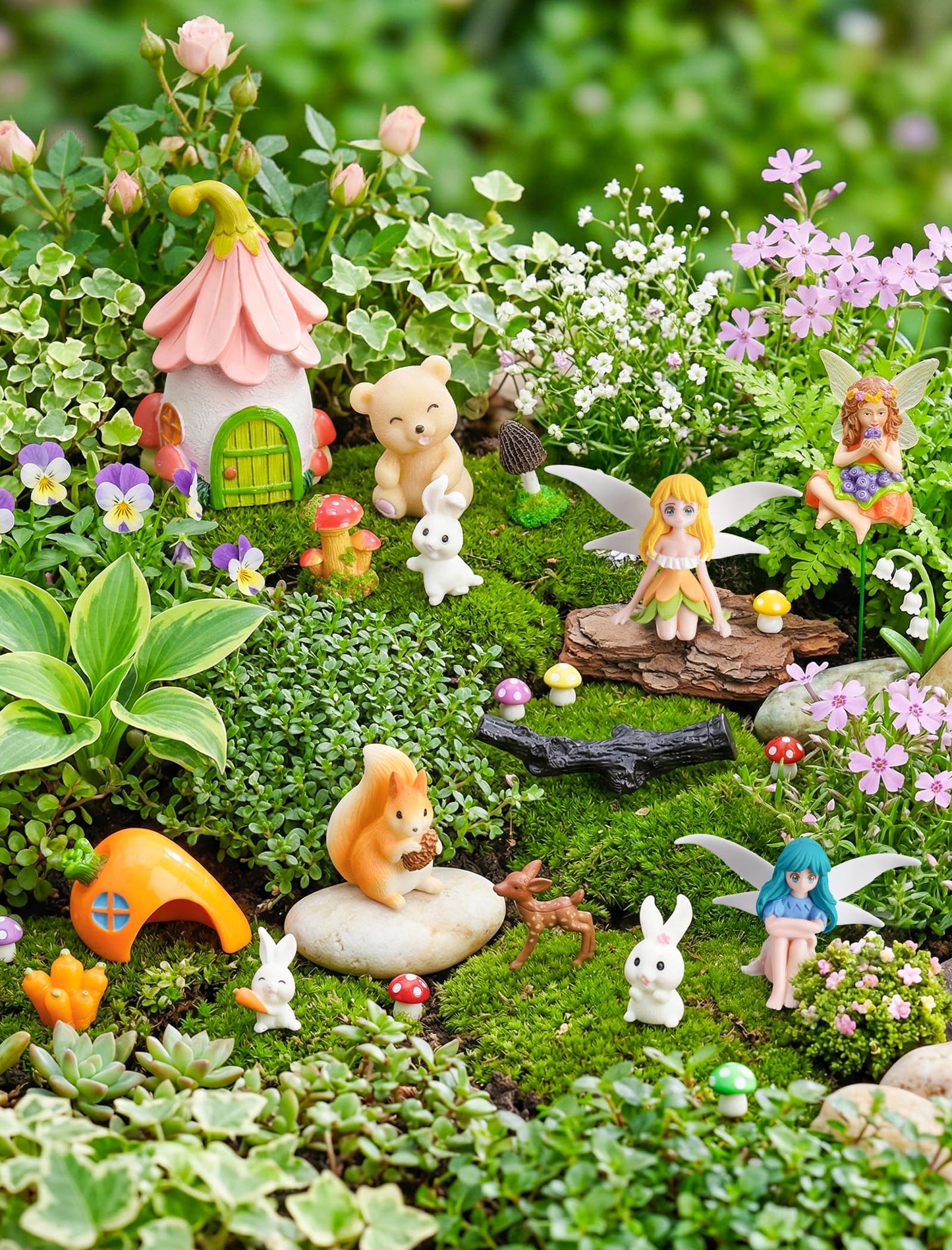 NiToy 50-Piece Mini Fairy Garden Accessories Kit, Resin Fairy House (3.1" H) with 49 Miniature Figurines - Animals, Mushrooms and Fairies for DIY Terrarium, Planter, Flower Pot and Desktop Decor