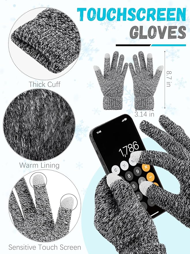 Winter Hat Scarf Gloves and Ear Warmer, Knit Warm Beanie Hat Touch Screen Gloves Long Knitted Plaid Scarf Set Gifts for Women
