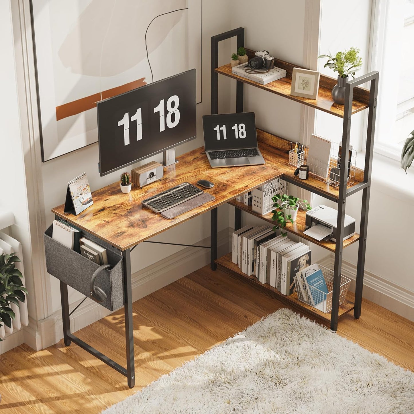 Treesland 55 Inch Computer Desk with Storage Shelves, L Shaped Desk with Storage, Corner Desk with Shelves, Home Office Desks, Bookshelf Desk, Writing Study Desk for Bedroom, Brown