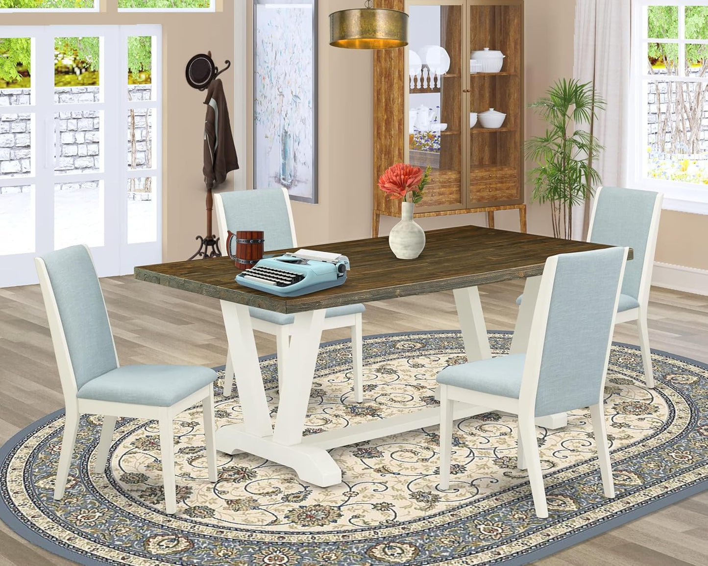 East West Furniture V077LA015-5 5 Piece Dinette Set Includes a Rectangle Dining Room Table with V-Legs and 4 Baby Blue Linen Fabric Upholstered Parson Chairs, 40x72 Inch, Multi-Color
