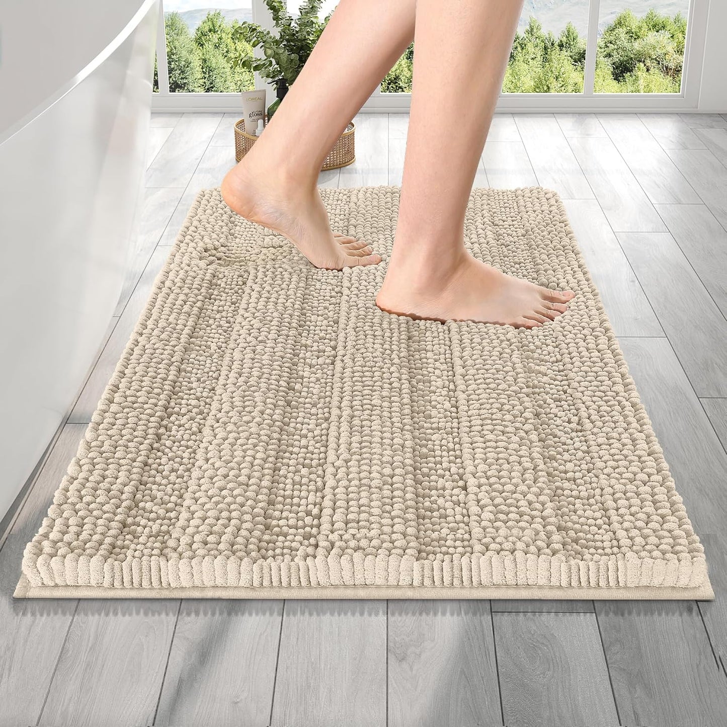 OLANLY Thick Bathroom Rugs 24x16, Extra Soft Absorbent Chenille Striped Bath Rugs, Rubber Backing, Machine Wash Dry, Bath Mats for Bathroom Floor, Tub and Shower, Home Decor Accessories, Sand