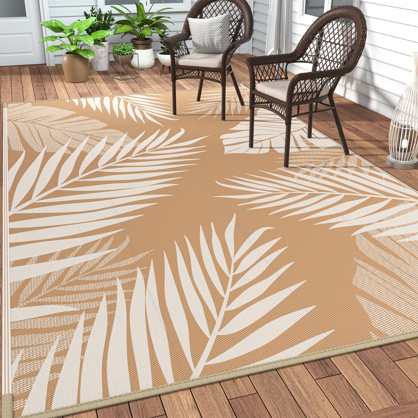 GENIMO Outdoor Rug 8' x 10' Waterproof for Patios Clearance, Reversible Outdoor Plastic Straw Camping Rug Carpet, Large Area Rugs Mats for RV, Camper, Deck, Balcony, Porch, Beach, Picnic, Brown&Beige