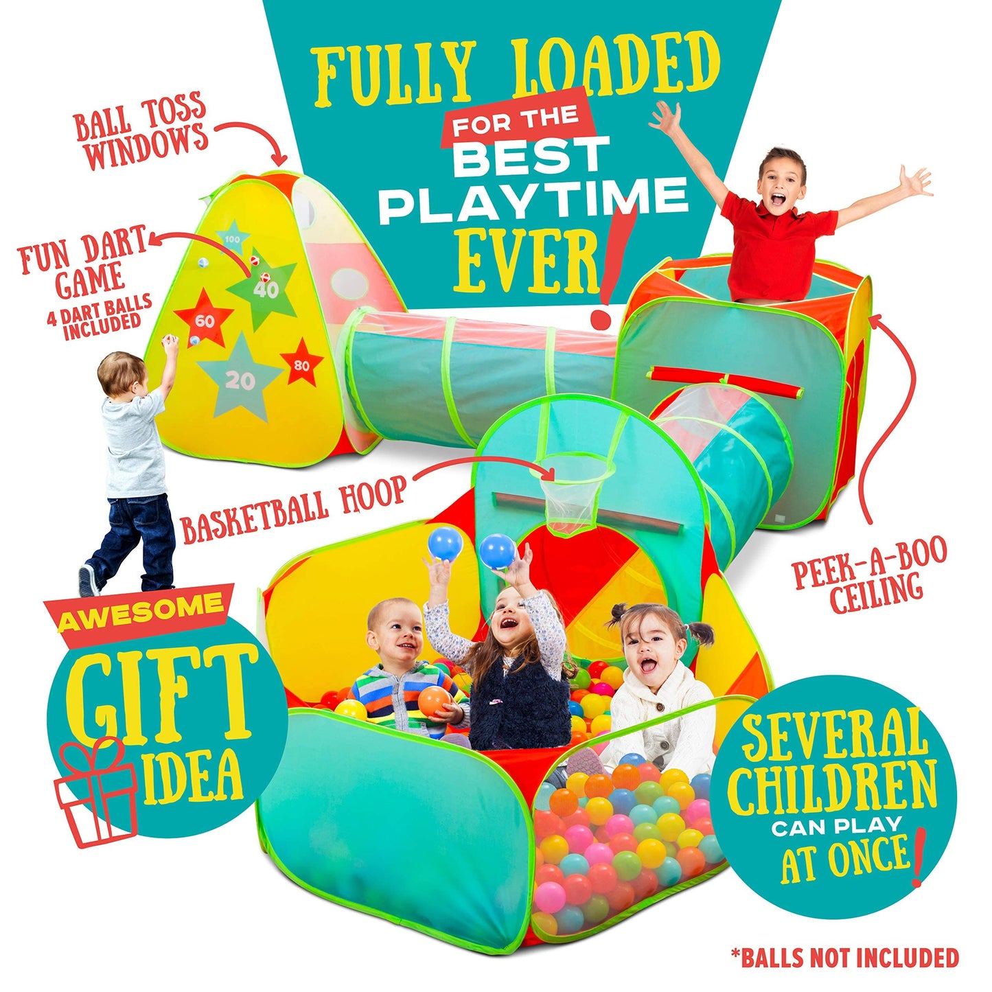 Kids Play Tent for Toddlers, 5pc Toddler Jungle Gym Playset with Ball Pit, Crawl Tunnel and Obstacle Course, Indoor Outdoor Playhouse Toy for Boys and Girls