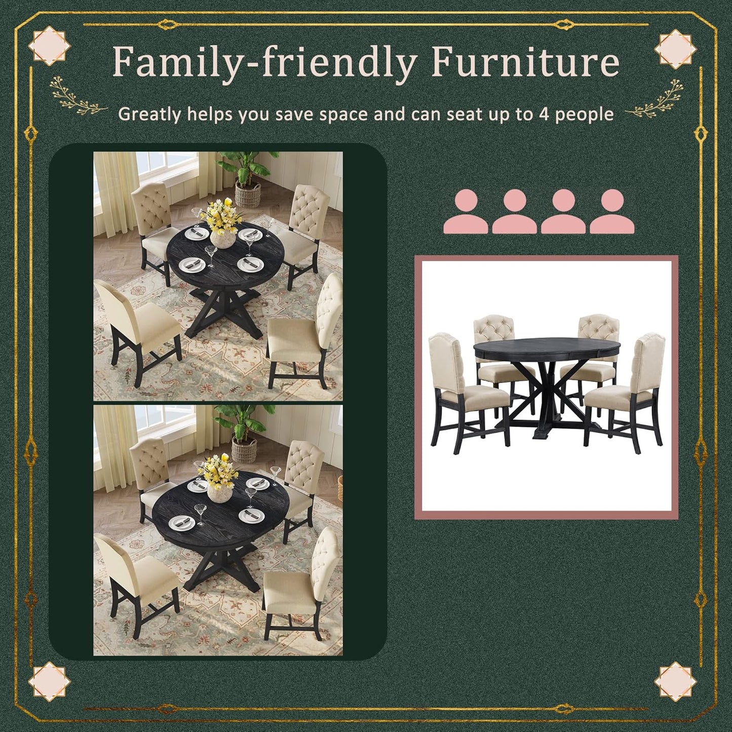 Merax 5-Piece Retro Style Dining Room Set with Extendable Table and 4 Upholstered Chairs, Family Kitchen Functional Furniture, Espresso