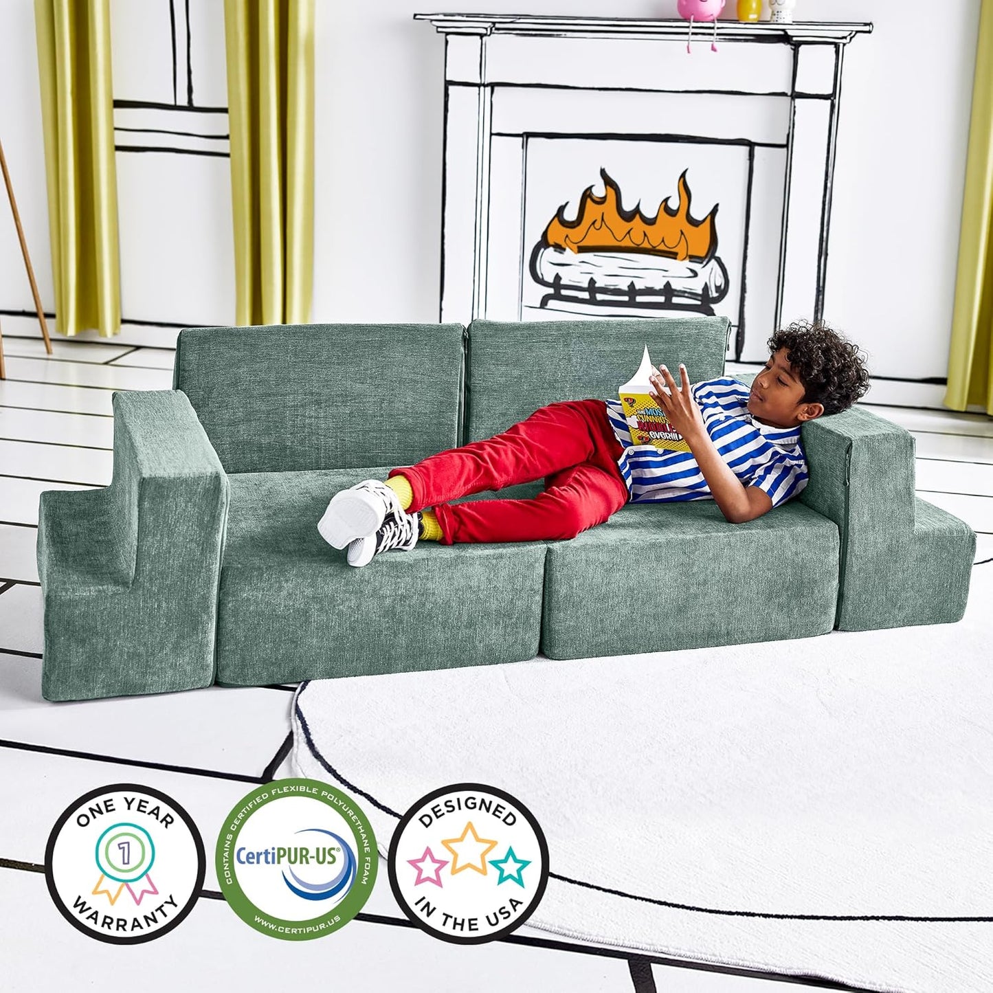 Yourigami Kids and Toddler Play Gym, Playroom Couch Set, Durable Modular Design, Green Meadows