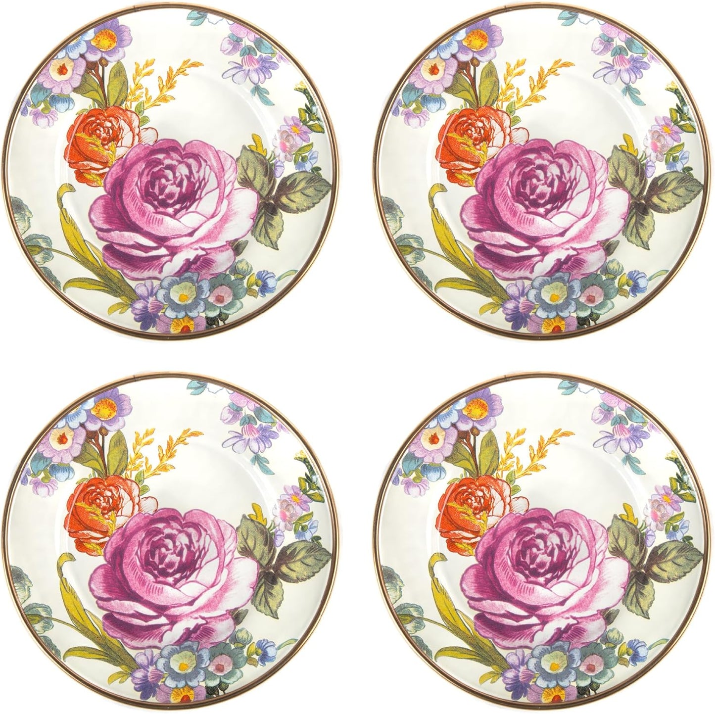 MACKENZIE-CHILDS Set of 4 Enamel Appetizer Plates, Mini Dessert Plates, 5 Inches, White Flower Market