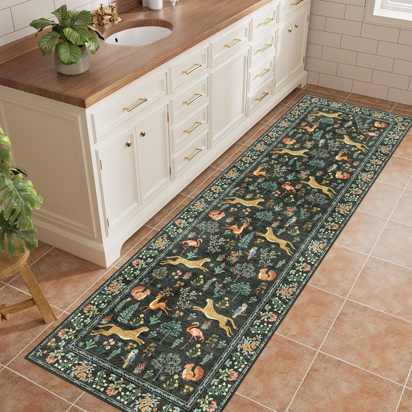 DUKINO 2x10 Rug for Hallway, Washable Kitchen Runner Rug with Non Slip Backing, Soft Low Pile Vintage Animal Runner for Bedroom, Kitchen, Hallway, Entryway, Laundry, Black
