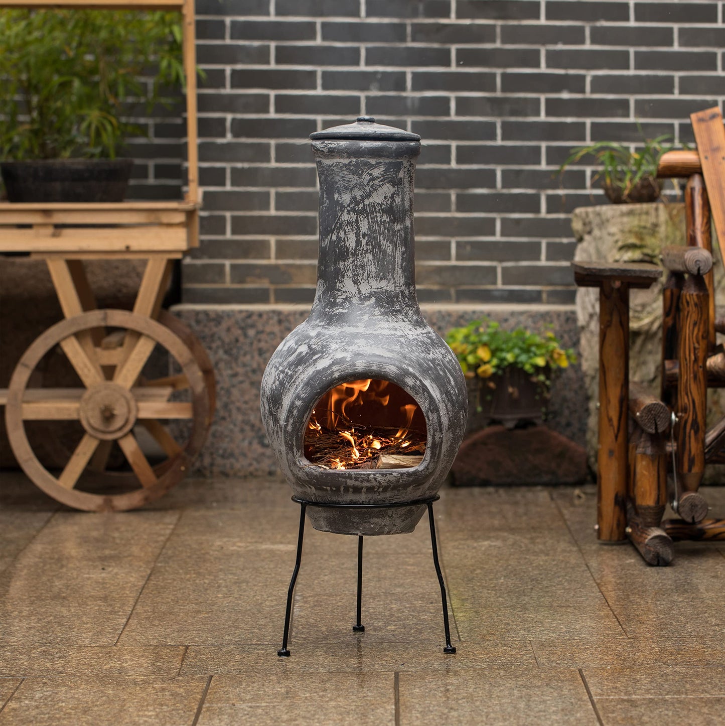 Gray Outdoor Clay Chiminea Fireplace Stoney Scribbled Design Charcoal Burning Fire Pit with Sturdy Metal Stand, Barbecue, Cocktail Party, Family Gathering, Cozy Nights Fire Pit