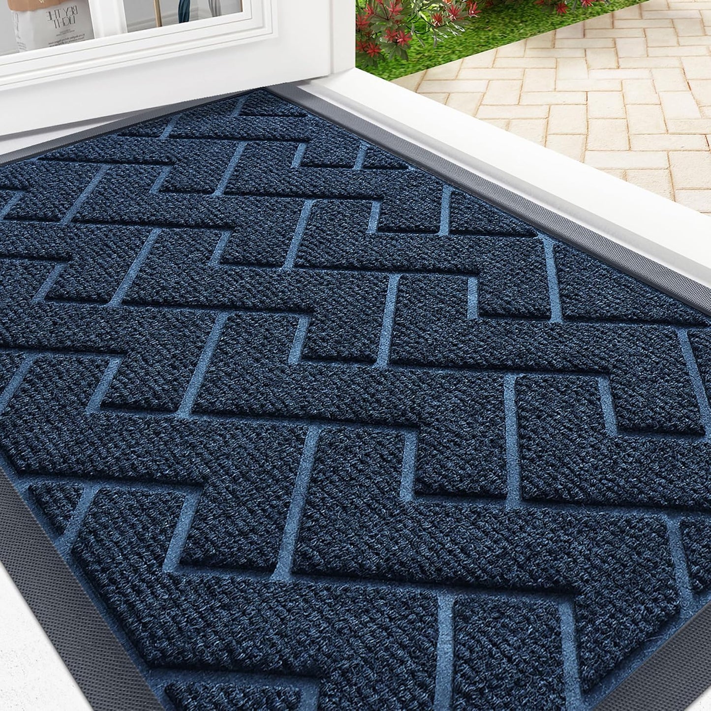 OLANLY Front Door Mat Indoor Outdoor Entrance, Waterproof All-Season, All-Weather Doormat, Sturdy Natural Rubber, Low Profile, Easy Clean Patio Porch Entryway Mat, Herringbone Brick (Blue, 71x23)