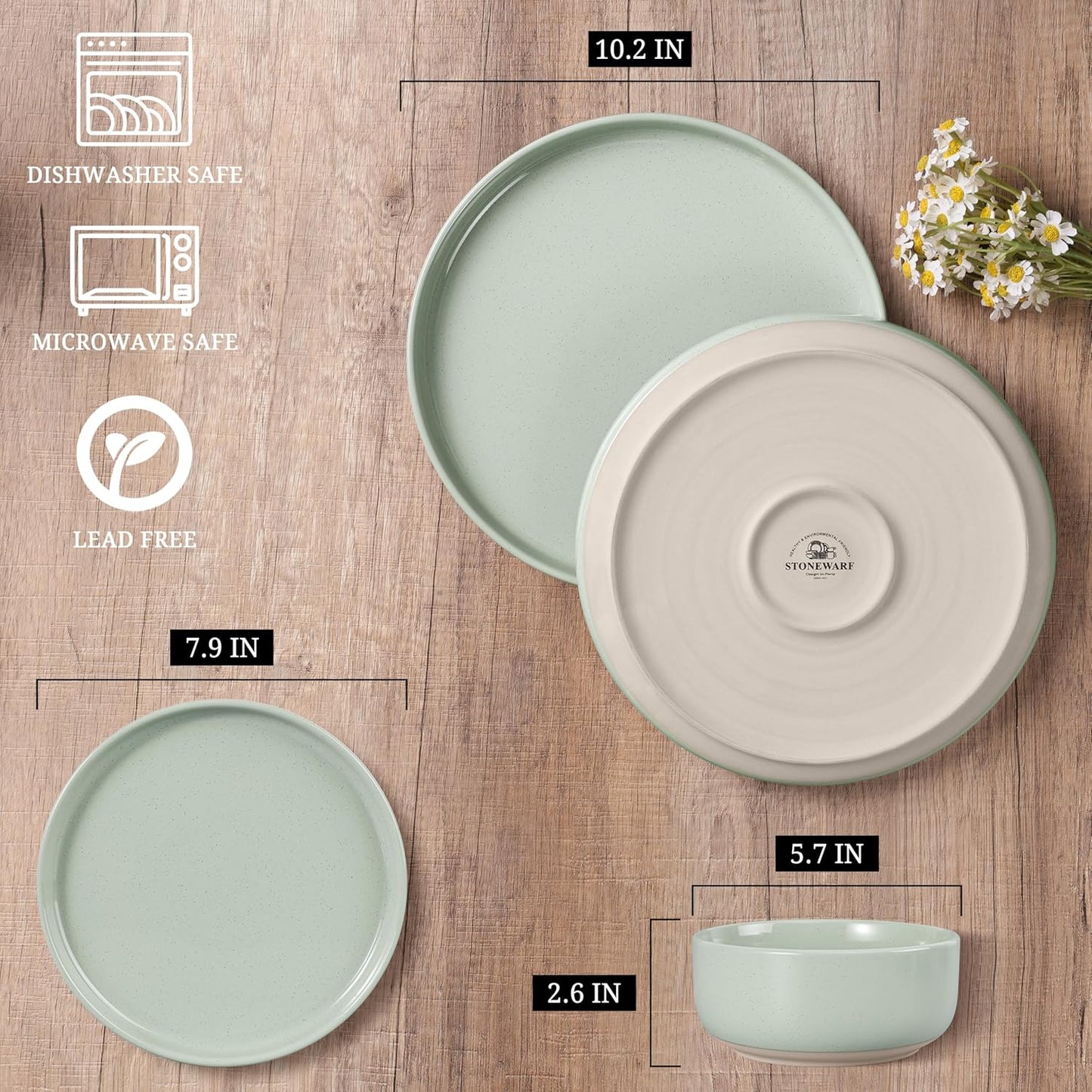 HaWare Stoneware Dinnerware Sets, 18-Piece Plates and Bowls Set for 6, Dishes Set for Home Restaurant, Speckled Asparagus Green