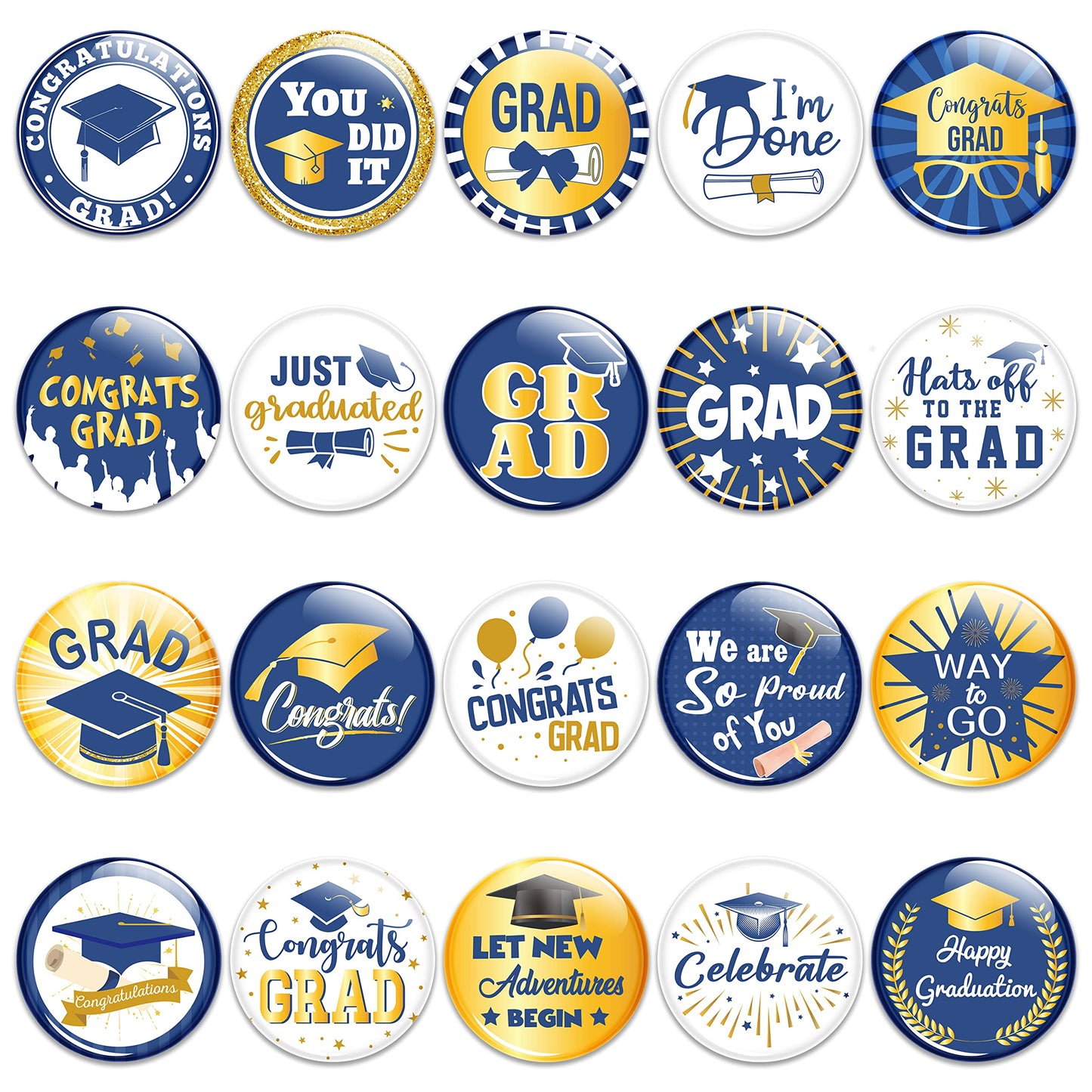 Dvbonike 40Pcs Graduation Button Pins, Class of 2024 Round Badges for Congrats Grad, Graduation Ceremony Party Gifts Supplies Blue and Gold Clothing Bag Decoration for College School Students