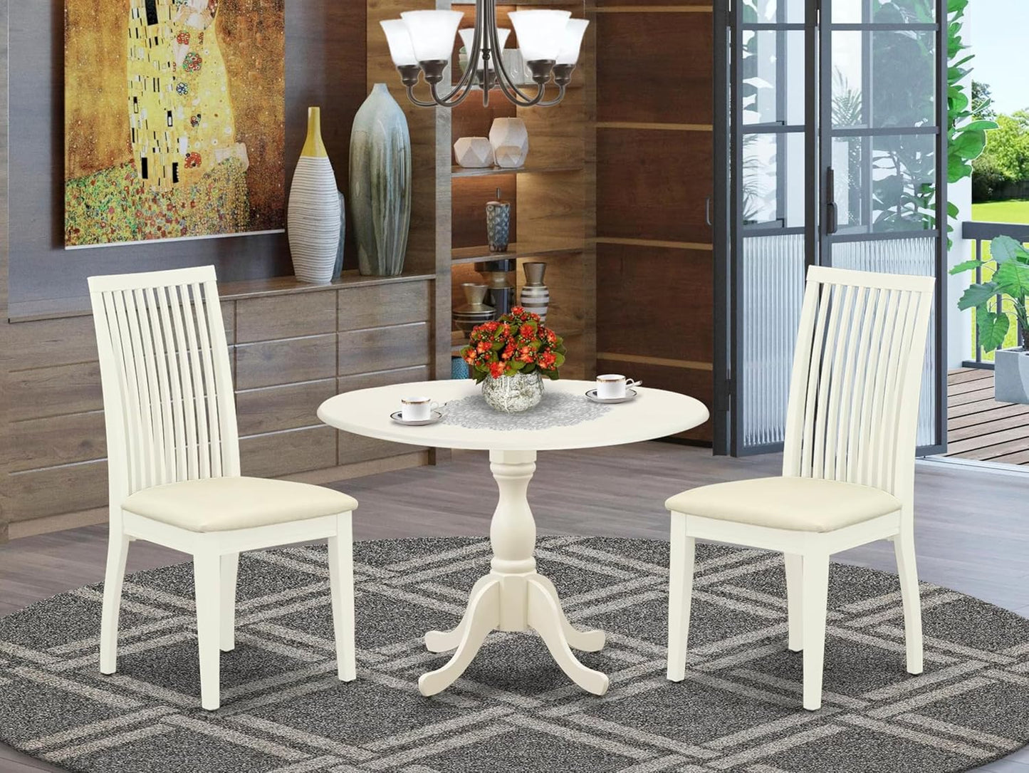 East West Furniture DMIP3-LWH-C 3 Piece Dining Room Furniture Set Contains a Round Kitchen Table with Dropleaf and 2 Linen Fabric Upholstered Dining Chairs, 42x42 Inch, Linen White