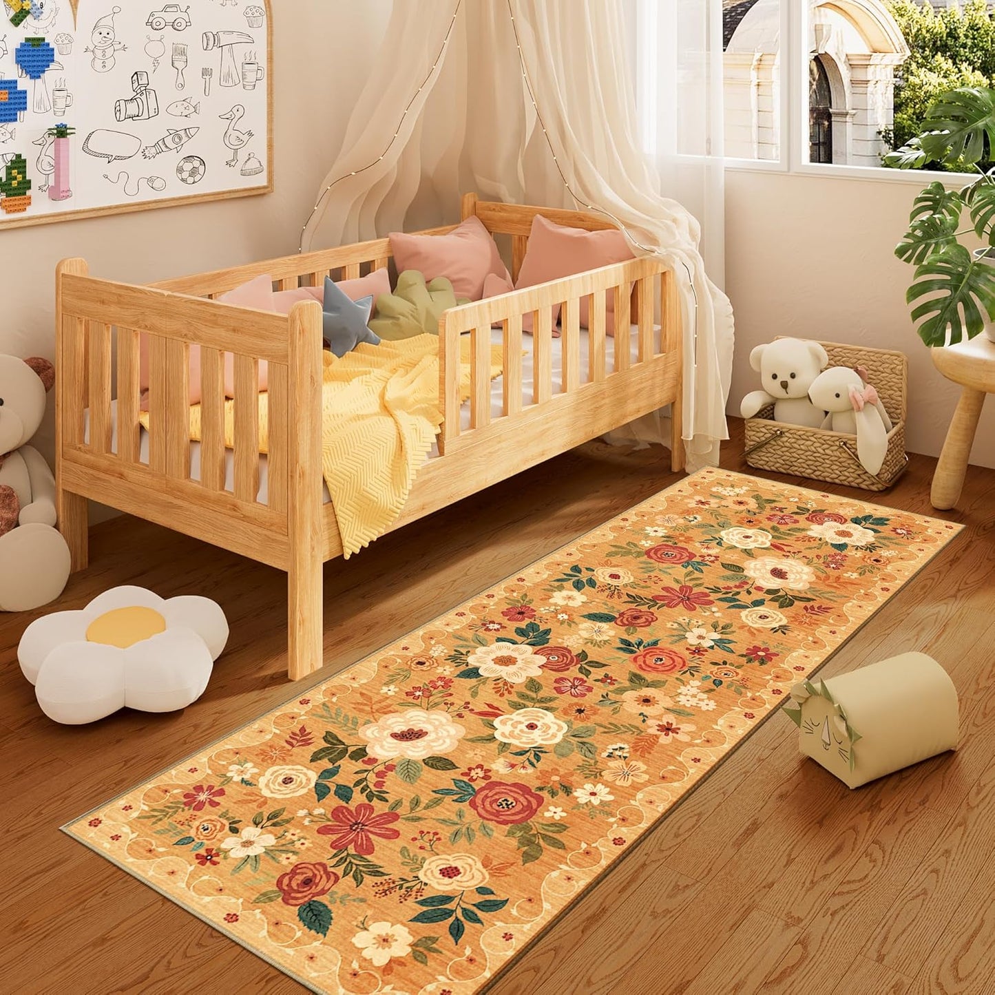 DUKINO Runner Rug, 2x10 Kitchen Hallway Carpet, Washable with Non-Slip Backing, Low Pile Soft Boho Floral for Entryway, Laundry, Bedroom, Orange