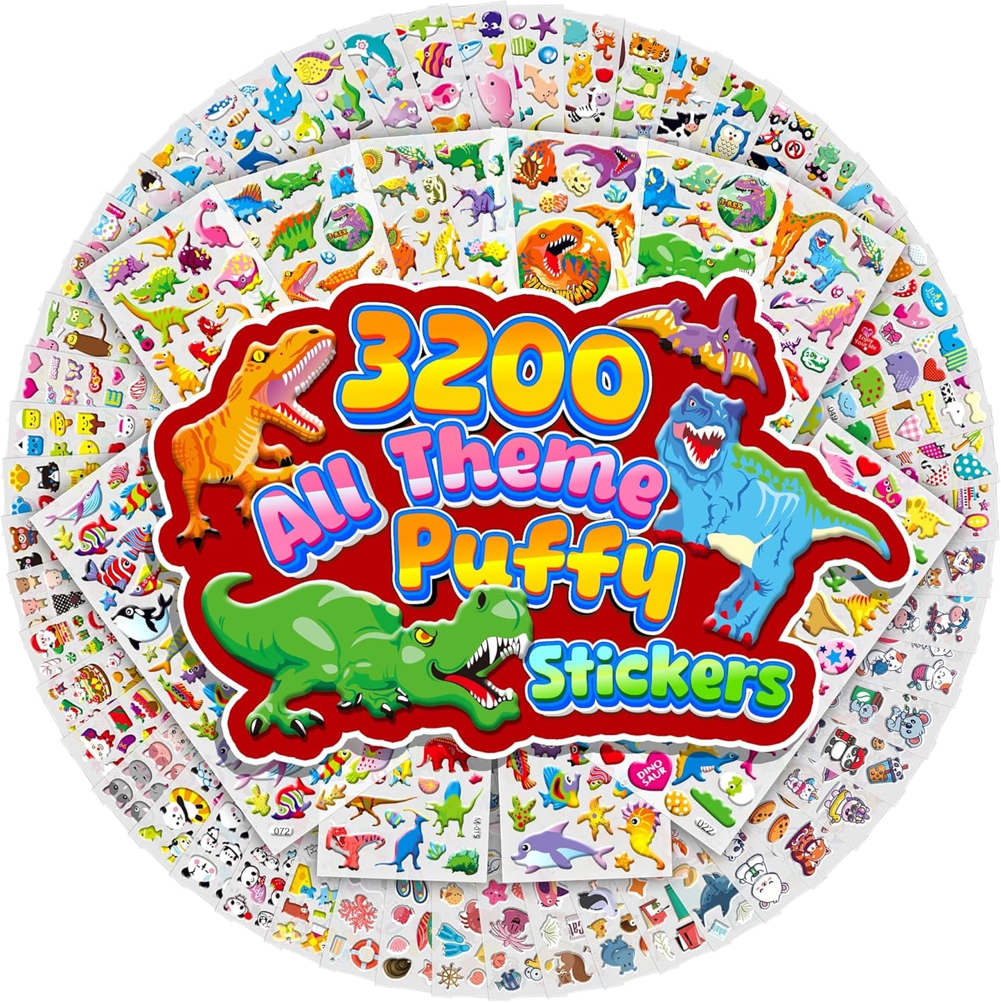 Sinceroduct 3200+ 3D Puffy Stickers, 64 Unique Sheets Ultimate Kids Sticker Fun Pack, Preschool Sticker Sheets for Reward, Craft, Scrapbooking Including Animal, Fruits, Dinosaurs, Cars and More.