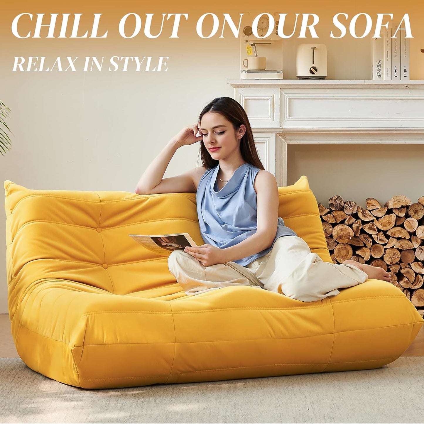 Bean Bag Chair, Loveseat Fireside Chair Bean Bag Sofa for Adults, 2 Seater Bean Bag Chairs for Teens with High-Resilience Foam, Memory Foam Bean Bag for Living Room, Bedroom, Office (Suede, Yellow)