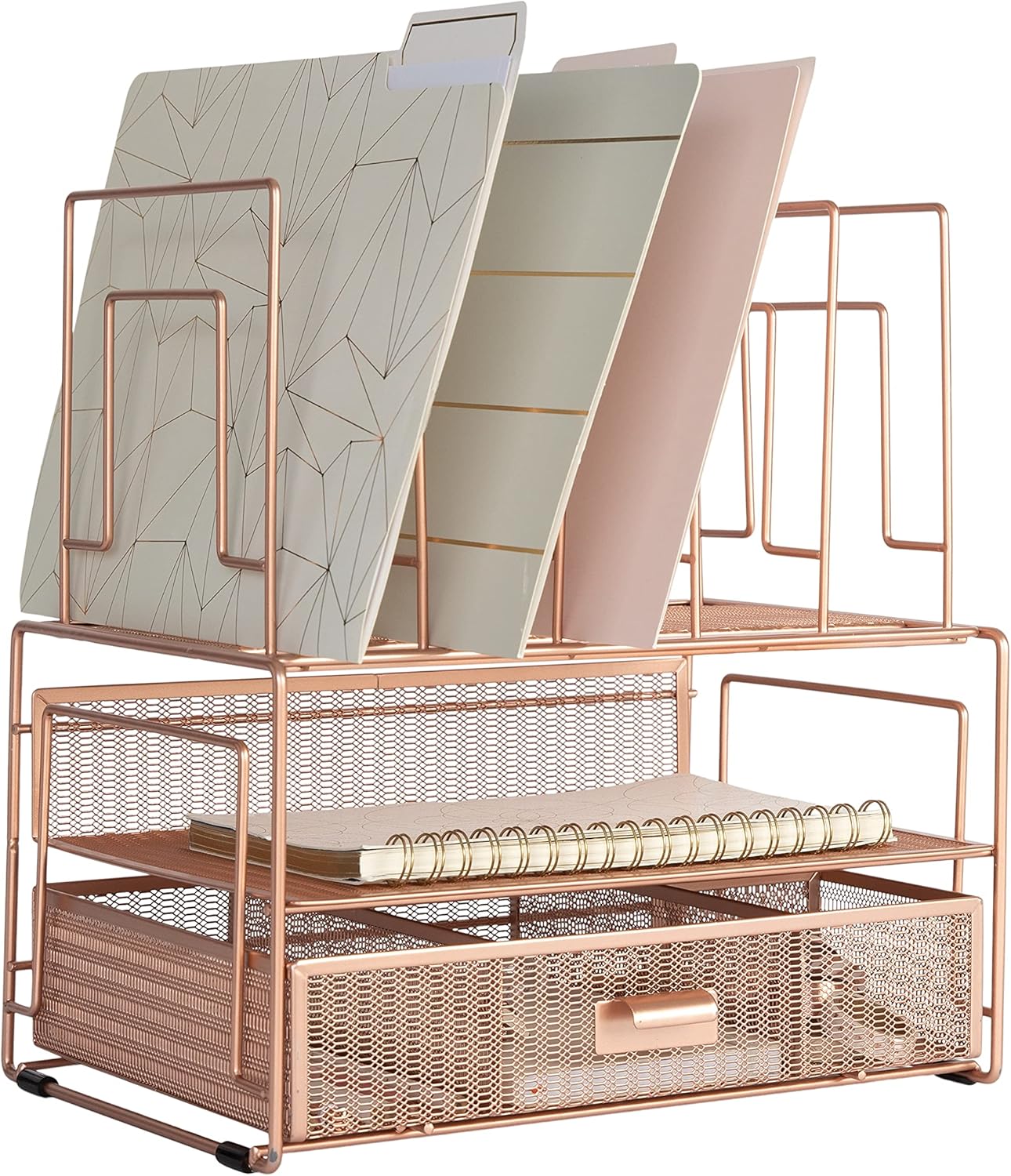 BLU MONACO Rose Gold Desk Organizer with File Sorters & Drawer – Workspace Storage Rack for Office Supplies, Paper & Folders