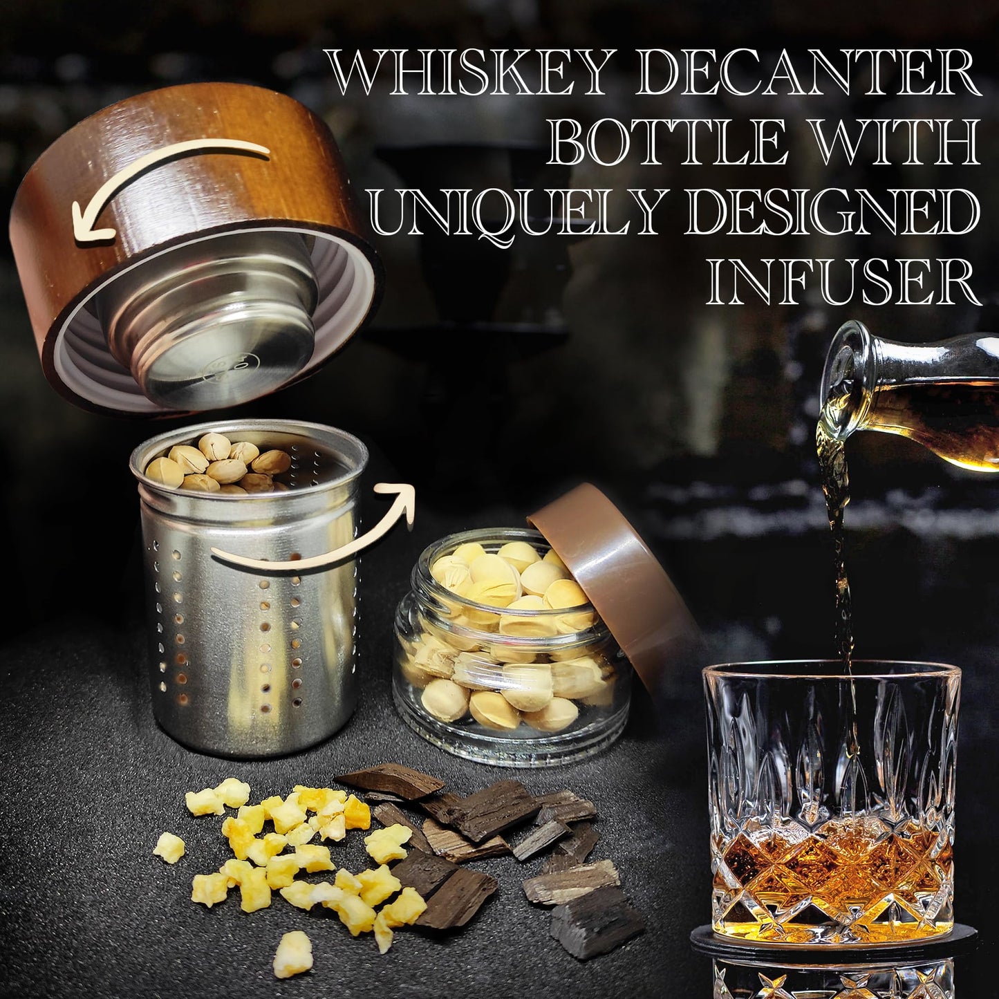 DIY Whiskey Gifts for Men - DIY Whiskey Infusion Set - Whiskey Making Kit - Decanter Set with Botanicals & Wood Chips - Bourbon Decanter & Birthday Gifts for Men
