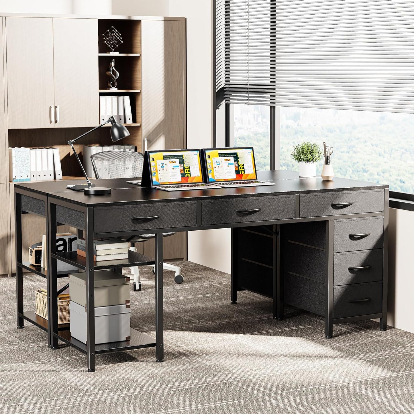 Huuger Computer Desk with 6 Drawers, 54 Inch Office Desk with Shelves, Reversible Gaming Desk, Corner Desk with Storage, Work for Home Office, Study, Living Room, Black