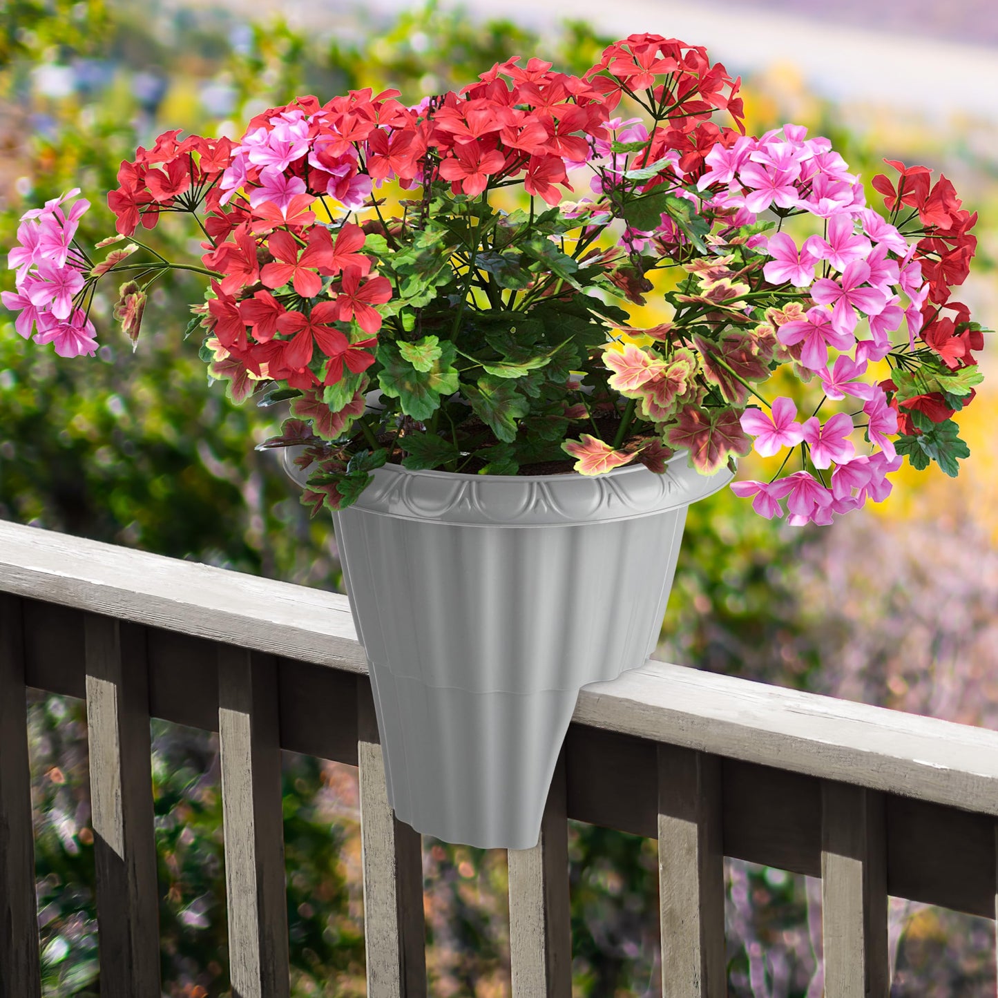 Railing Planter Box 2-Pack - 13.5-Inch Round Outdoor Flower Pots with Drainage Inserts - 2.64-Gallon Outdoor Planters for Porch, Deck, Fence, or Balcony Railings 3” - 3.75” Wide by Pure Garden (Gray)
