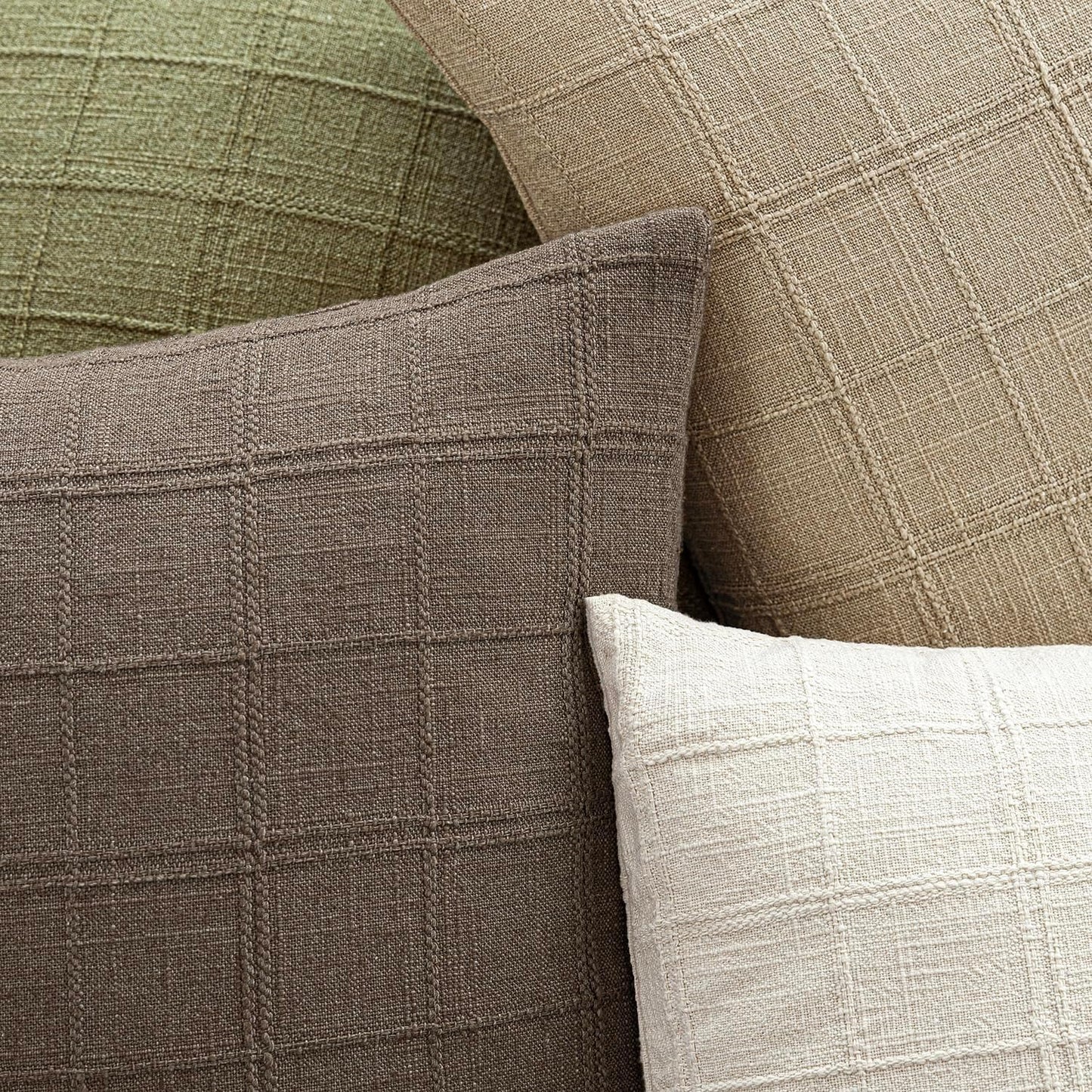 Foindtower Set of 2 Decorative Linen Check Throw Pillow Covers Neutral Farmhouse Vintage Cushion Covers Modern Boho Home Decor for Sofa Chair Couch Bedroom Living Room Outdoor,20×20 Inch,Taupe Grey