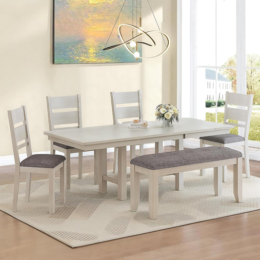 6-Piece Solid Wood Dining Table Set for 6, Extendable Table with 4 Upholstered Chairs and 1 Bench– Easy Assembly for Indoor Use, Kitchen, Dining Room, Grey