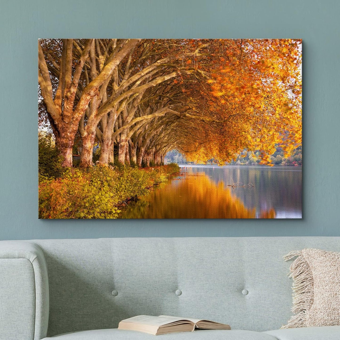 wall26 Canvas Print Wall Art Autumn Fall Orange Leaf Forest Lake Nature Wilderness Photography Realism Earth Scenery Rustic Scenic Landscape Colorful for Living Room, Bedroom, Office - 16"x24"
