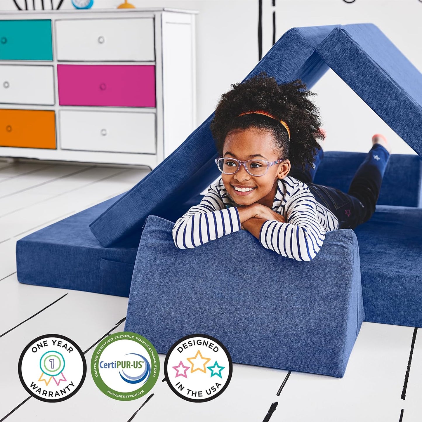 Yourigami Kids and Toddler Play Couch, Convertible Folding Sofa, Durable Foam Modular Design, Sapphire Caves XL