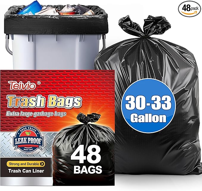 30-33 Gallon 48 Counts Large Black Trash Bags All Purpose Garbage Bags by Teivio, Large Trash Can Liners for Home, Kitchen, Office, Light Residential or Commercial Waste, Outdoor Lawn and Leaf Bags