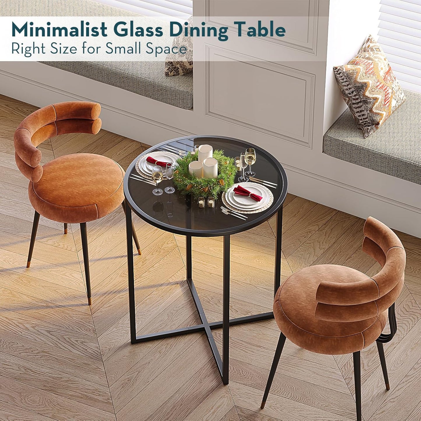 SAYGOER Small Round Dining Table for 2,Glass Circle Kitchen Dinner Table,26.7'' Multifuntional Modern Desk for Dining Room,Office,Kitchen,Apartment,Easy Assembly, All Black
