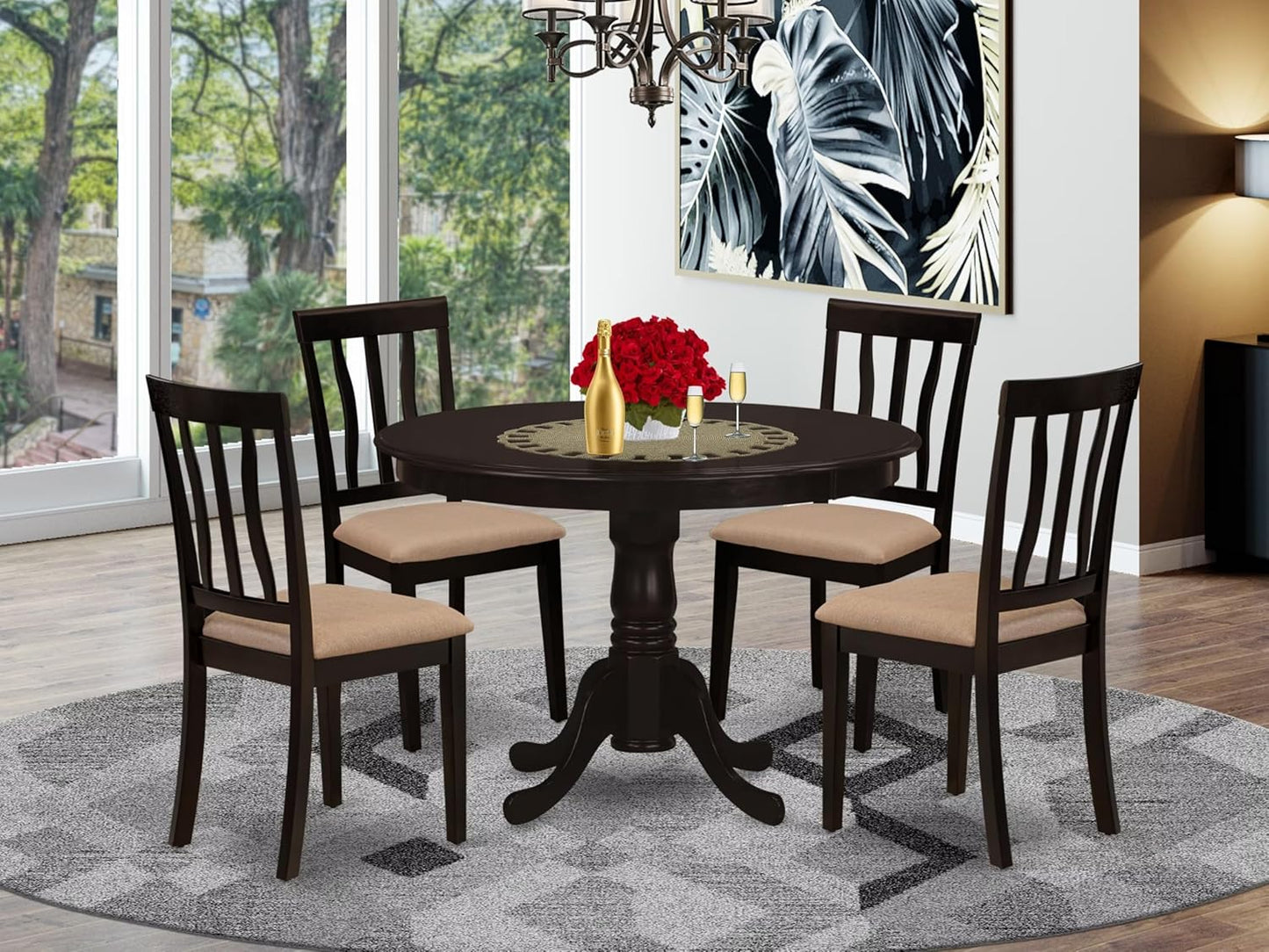 East West Furniture HLAN5-CAP-C 5 Piece Kitchen Table Set for 4 Includes a Round Dining Table with Pedestal and 4 Linen Fabric Dining Room Chairs, 42x42 Inch, Cappuccino