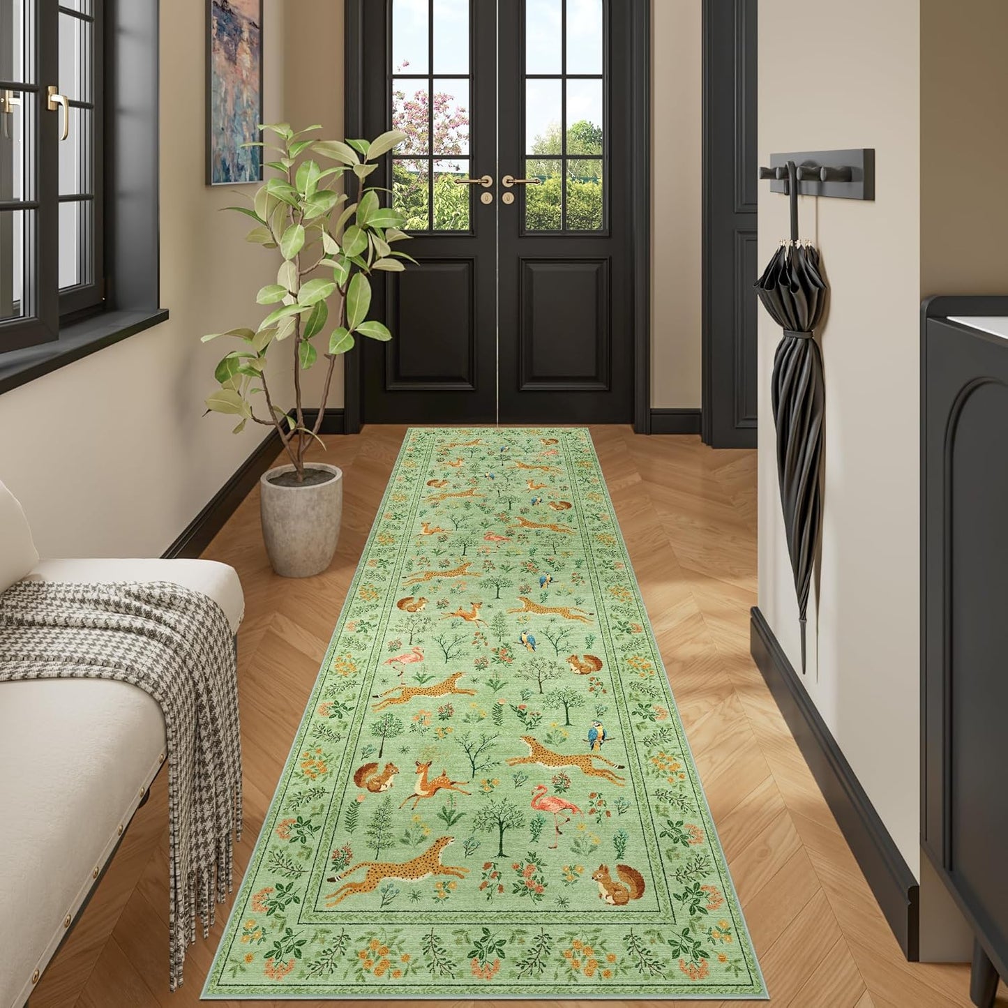 DUKINO 2.6x8 Rug for Hallway, Washable Kitchen Runner Rug with Non Slip Backing, Soft Low Pile Vintage Animal Runner for Bedroom, Kitchen, Hallway, Entryway, Laundry, Light Green