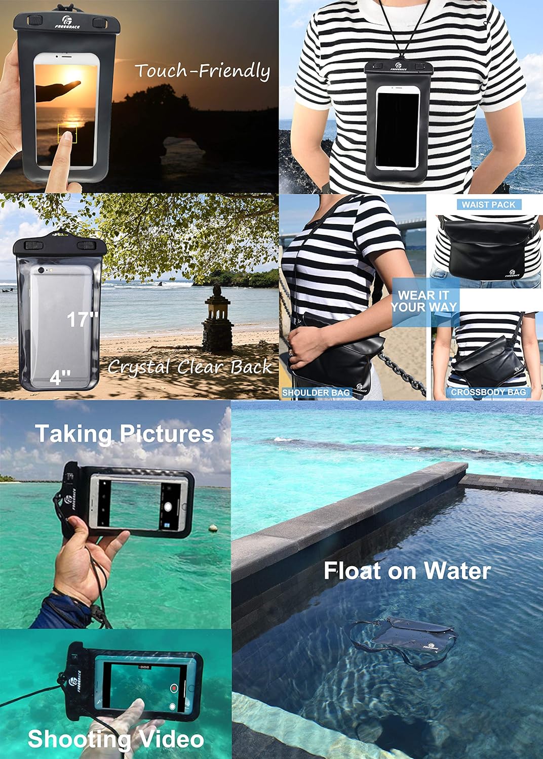 Freegrace Waterproof Dry Bags Set of 3 Dry Bag with 2 Zip Lock Seals & Detachable Shoulder Strap, Waist Pouch & Phone Case - Can Be Submerged Into Water - for Swimming (Navy Blue(Window), 20L)
