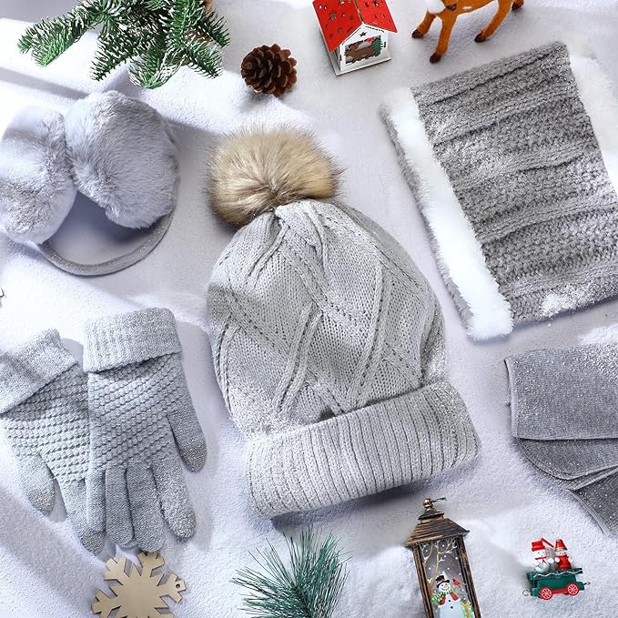 SATINIOR 5 Pcs Winter Hat Scarf Gloves Set Fleece Warm Lined Knit Beanie Hat Touch Screen Earmuff Gloves Warmer for Women(Grey,Stylish Style)