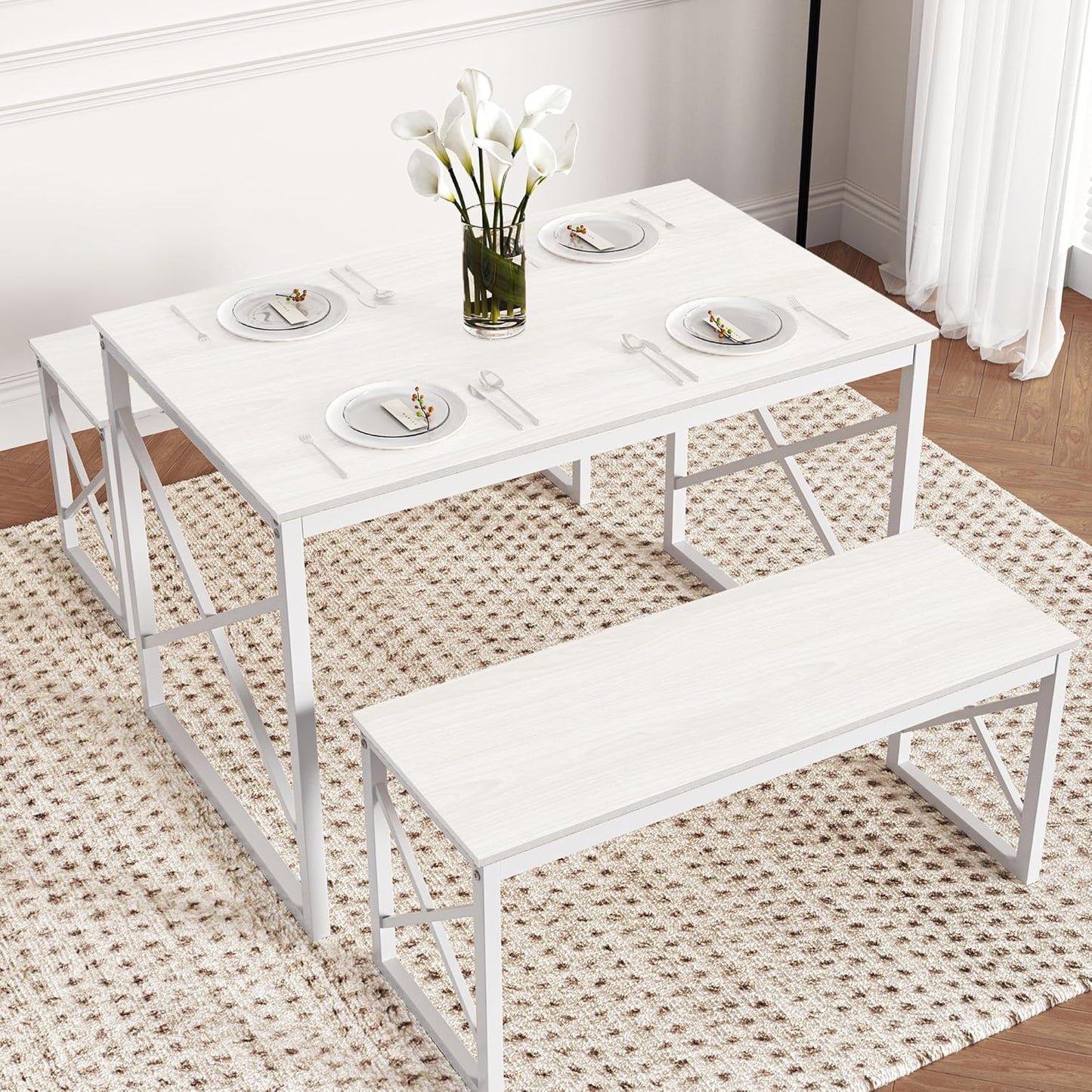 VECELO Dining Table with 2 Benches for 4, 43.3'' Wood Kitchen Room Dinette Sets with Metal Frame for Breakfast Nook and Small Space, White