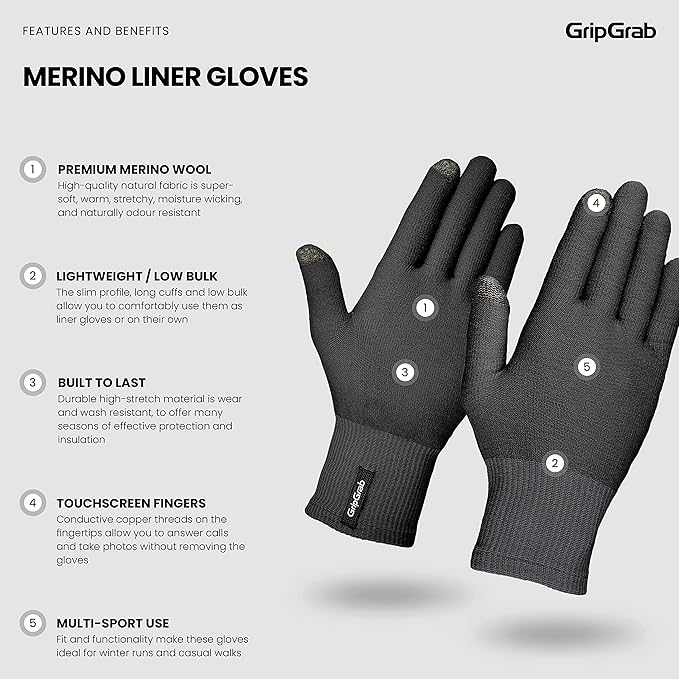 GripGrab Merino Wool Thermal Full Finger Liner Gloves Touchscreen Knitted Inner Cycling Running Hiking Undergloves