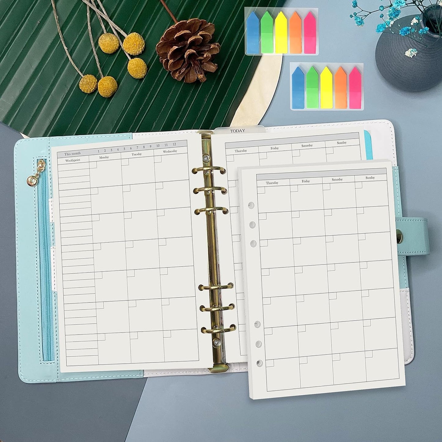 Harphia A5 6 Holes Binder Refill Value Set, 90sheets monthly plan loose leaf paper with stickers and dividers, planner insert with binder pockets for A5 binder 6 holes refillable notebook,005da5month