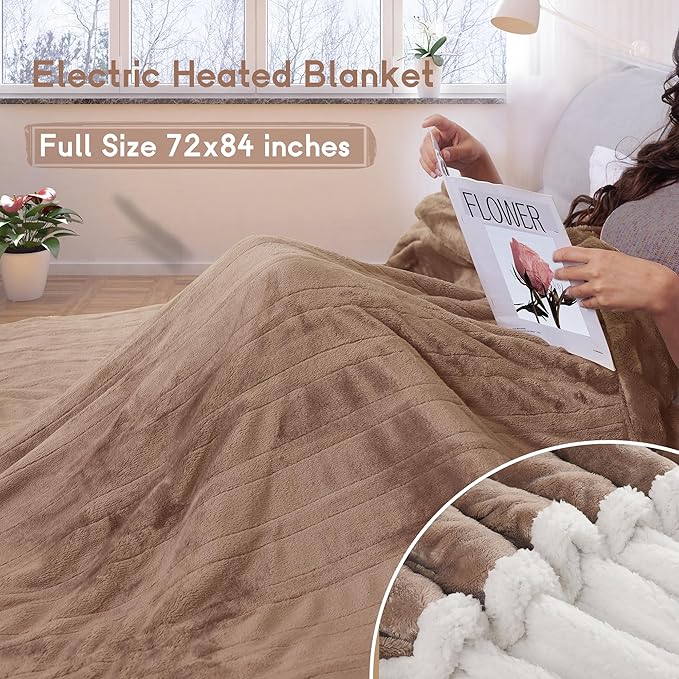 Heated Blanket Electric Blanket Full Size 72''x84'' with 9 Heating Levels, 1-10 Hour Auto Shut Off, Machine Washable, Flannel & Sherpa Soft Warming Blanket for Couch, Bed, Office - Brown
