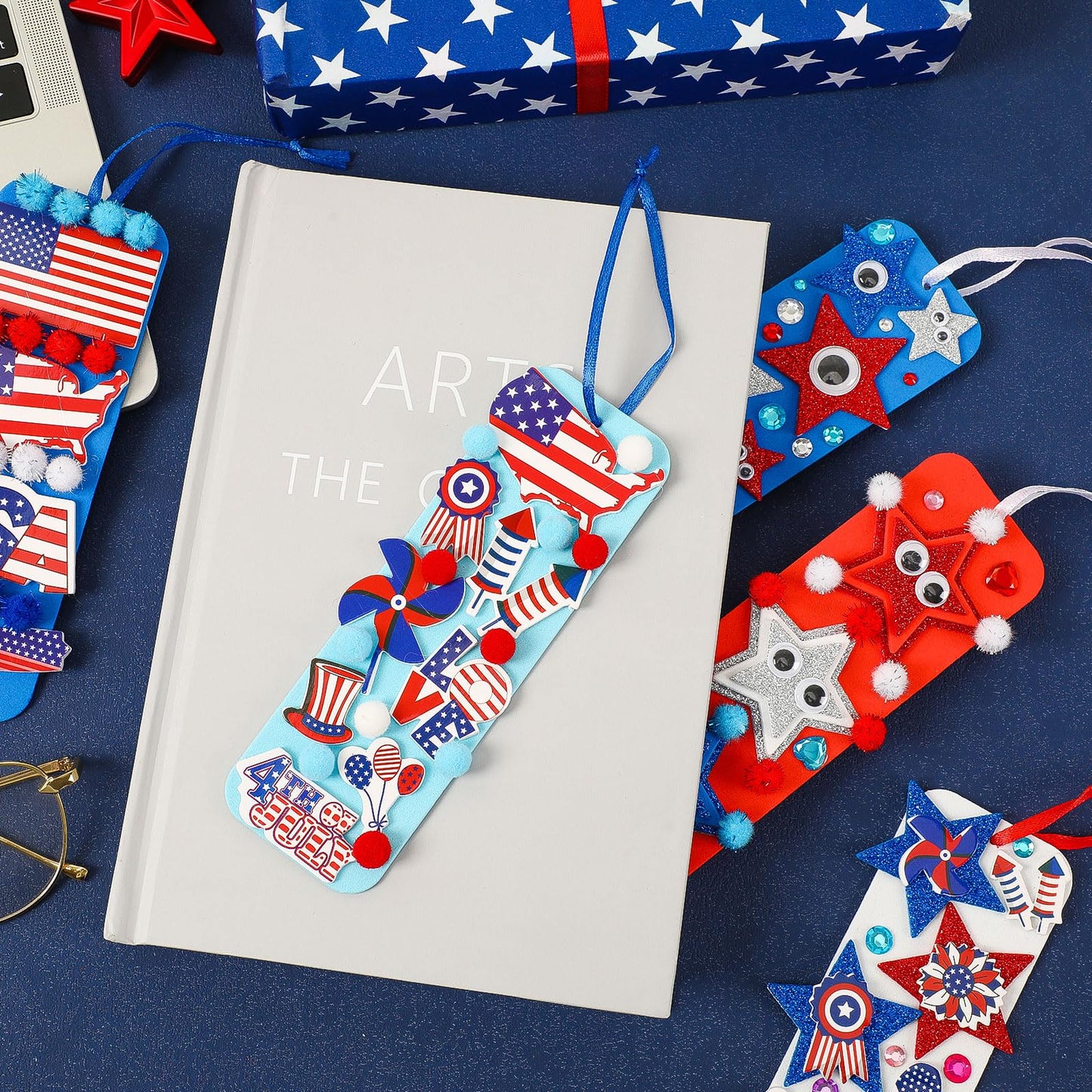 JULBEAR 36 Sets 4th of July Crafts Kits DIY Blank Foam Bookmarks Decorations Sets Patriotic Star Foam Self-Adhesive Stickers Arts for Kids Independence Day Party Favors Gift Exchange