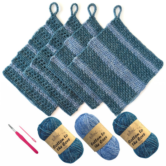 KnitPal Everyday Joy Crochet Kit for Confident Beginners – Make 4 Reusable 7.5 x 7.5 in Dishcloths – with Cotton to The Core Yarn (#3 DK), Hook, Patterns & Video Tutorials (Jean Blue + Sky Blue)