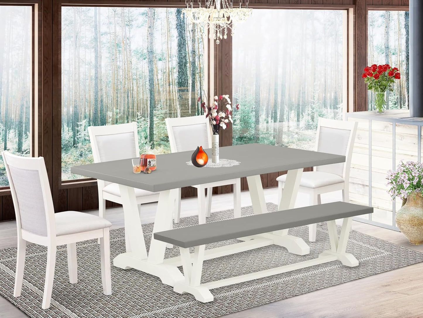 East West Furniture V097MZ001-6 6 Piece Dining Table Set Contains a Rectangle Dining Room Table with V-Legs and 4 Cream Linen Fabric Parson Chairs with a Bench, 40x72 Inch, Multi-Color