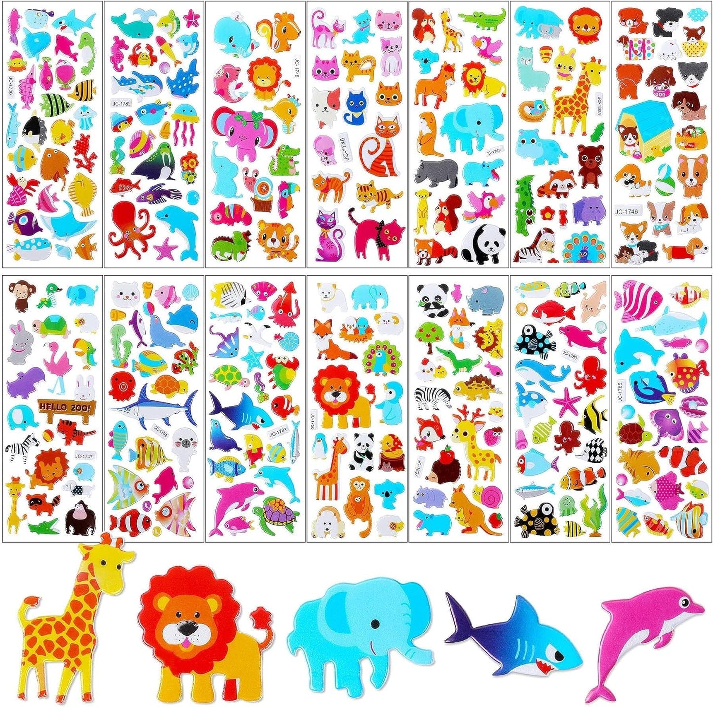 UPINS 200 Counts 3D Animal Puffy Small Stickers Sheets Bulk for Kids Toddlers, Foam Sticker Books for Kids