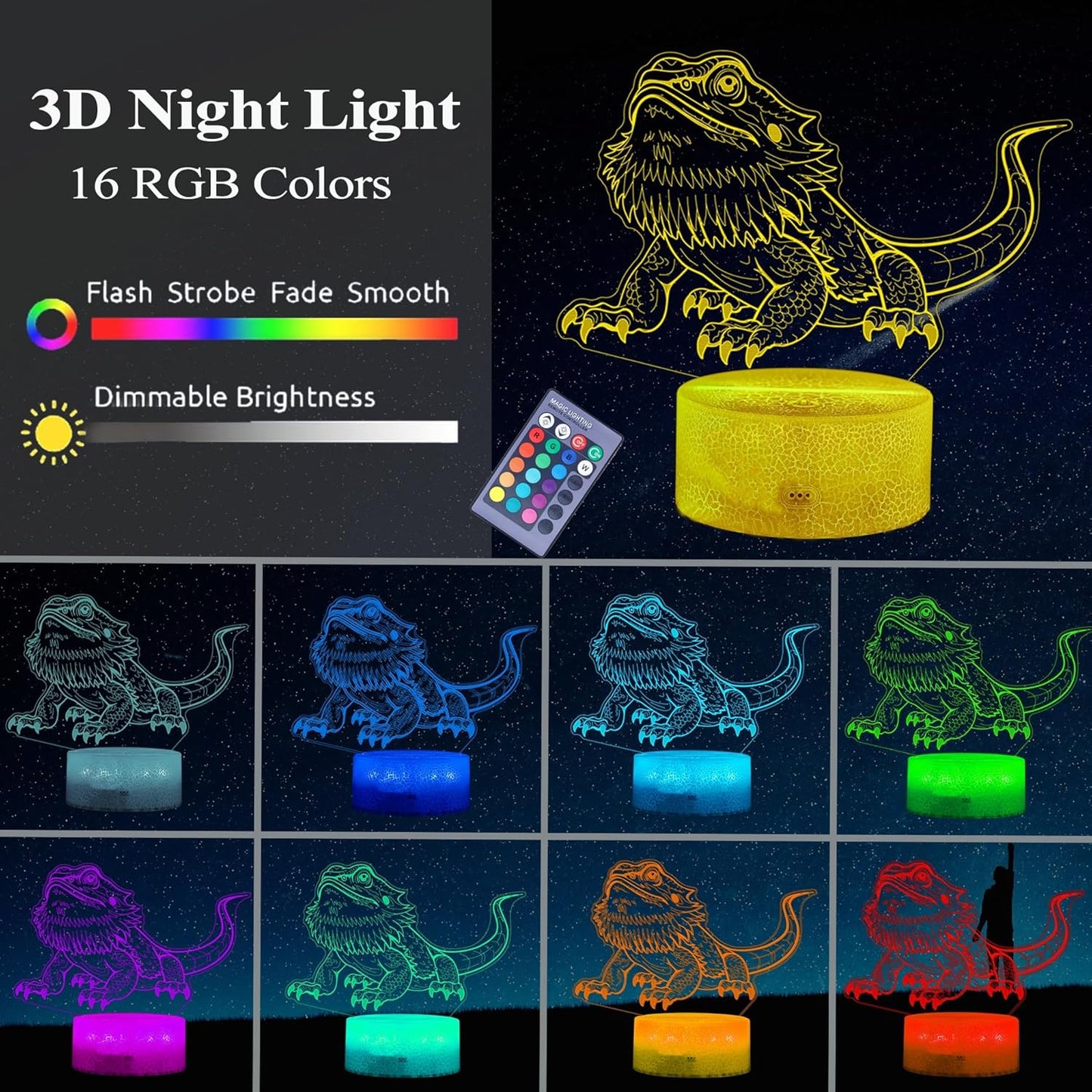 Bearded Dragon Gift, Bearded Dragons Night Light with Remote Control, 16 Colors Changing, RGB Flashing Mode, Dimmable, Great Bearded Dragon Tank Accessory and Decor