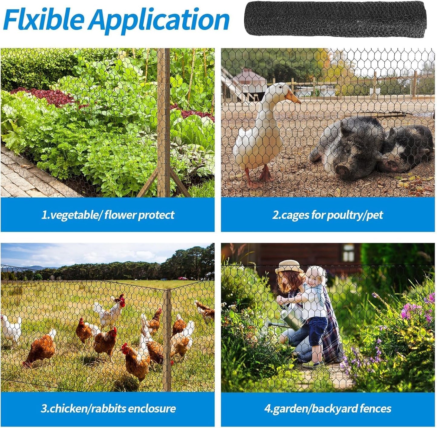 DOLEMODUO 24'' x 100' Black Chicken Wire Mesh Fence, 15 Gauge Poultry Netting and 2 inch Mesh Fence Roll, Chicken Wire for Floral Arrangements/Crafts/Farm/Livestock/Pet Protection